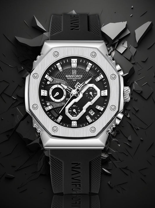Silver Black silicone strap analog chronograph watch